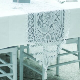[ MIETEN ] Tischläufer - L.270 x B.36 cm - Polyester - Spitzende - Weiß